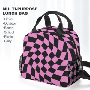 Black Bright Pink Checkered Lunch Bag, Lunch Box Portable Insulated Lunch Tote Bag, Thermal Cooler Bag for Women Work Outdoor