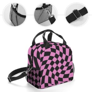 Black Bright Pink Checkered Lunch Bag, Lunch Box Portable Insulated Lunch Tote Bag, Thermal Cooler Bag for Women Work Outdoor