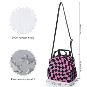 Black Bright Pink Checkered Lunch Bag, Lunch Box Portable Insulated Lunch Tote Bag, Thermal Cooler Bag for Women Work Outdoor