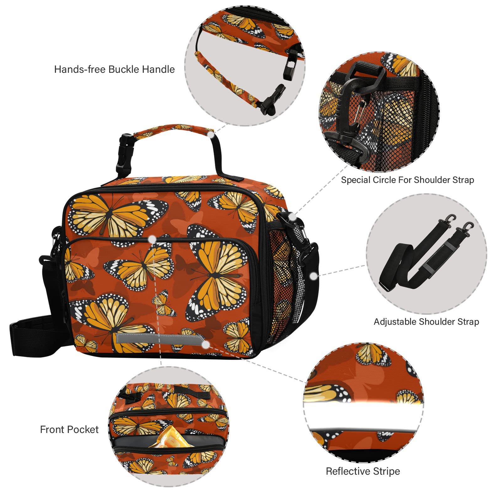 KOCOART Monarch Butterflies Insulated Lunch Bag Large for Women Men Red Cooler Tote Bag with Adjustable Shoulder Strap Reusable Picnic Lunch Box Outdoor for Adult Office