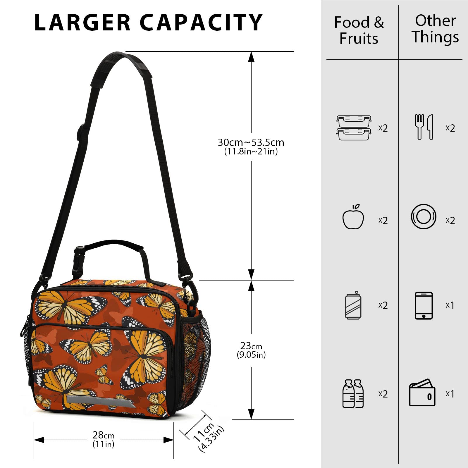 KOCOART Monarch Butterflies Insulated Lunch Bag Large for Women Men Red Cooler Tote Bag with Adjustable Shoulder Strap Reusable Picnic Lunch Box Outdoor for Adult Office