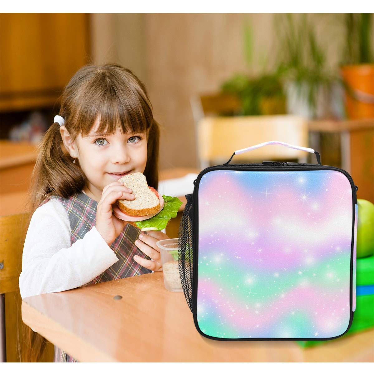 FORMRS Rainbow Lunch Bag Pastel Pink Theme Insulated Lunch Boxes Cooler Lunch Tote with Shoulder Strap for Girls Boy