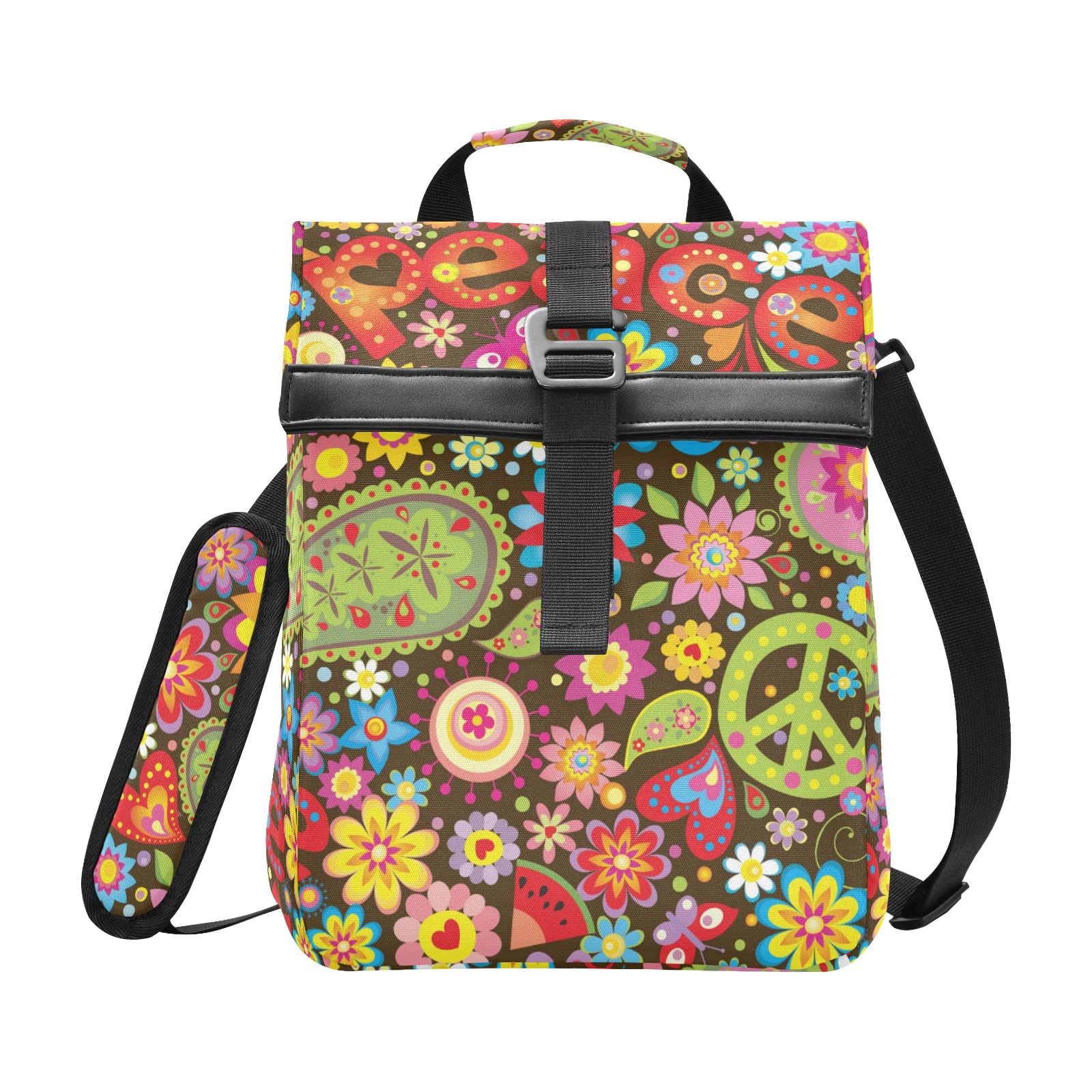 ALAZA Hippie Peace Symbol Paisley Floral Lunch Bag Women Insulated Cooler for Men Kids Roll Top Leak Proof Tote Cooling Purse