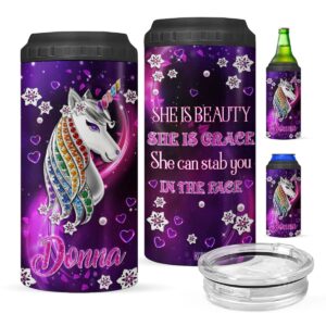 koixa unicorn can cooler insulated 4-in-1 16 oz she is beauty she is grace she can stab you in the face stainless steel can holder travel cup funny sarcastic gifts for women