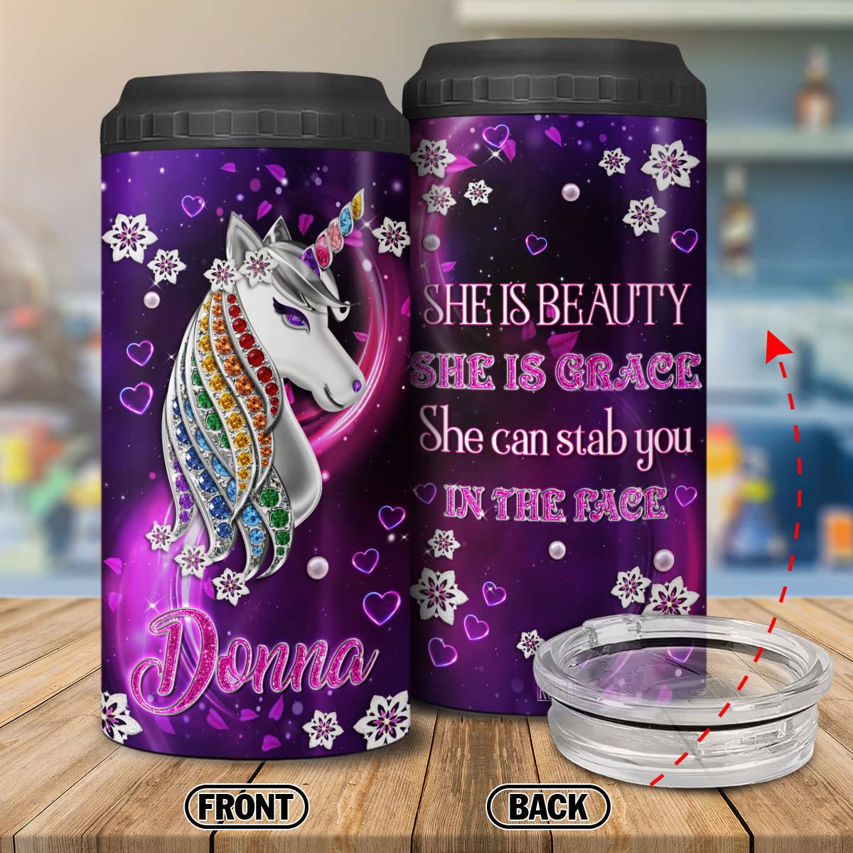 KOIXA Unicorn Can Cooler Insulated 4-in-1 16 Oz She Is Beauty She Is Grace She Can Stab You In The Face Stainless Steel Can Holder Travel Cup Funny Sarcastic Gifts For Women