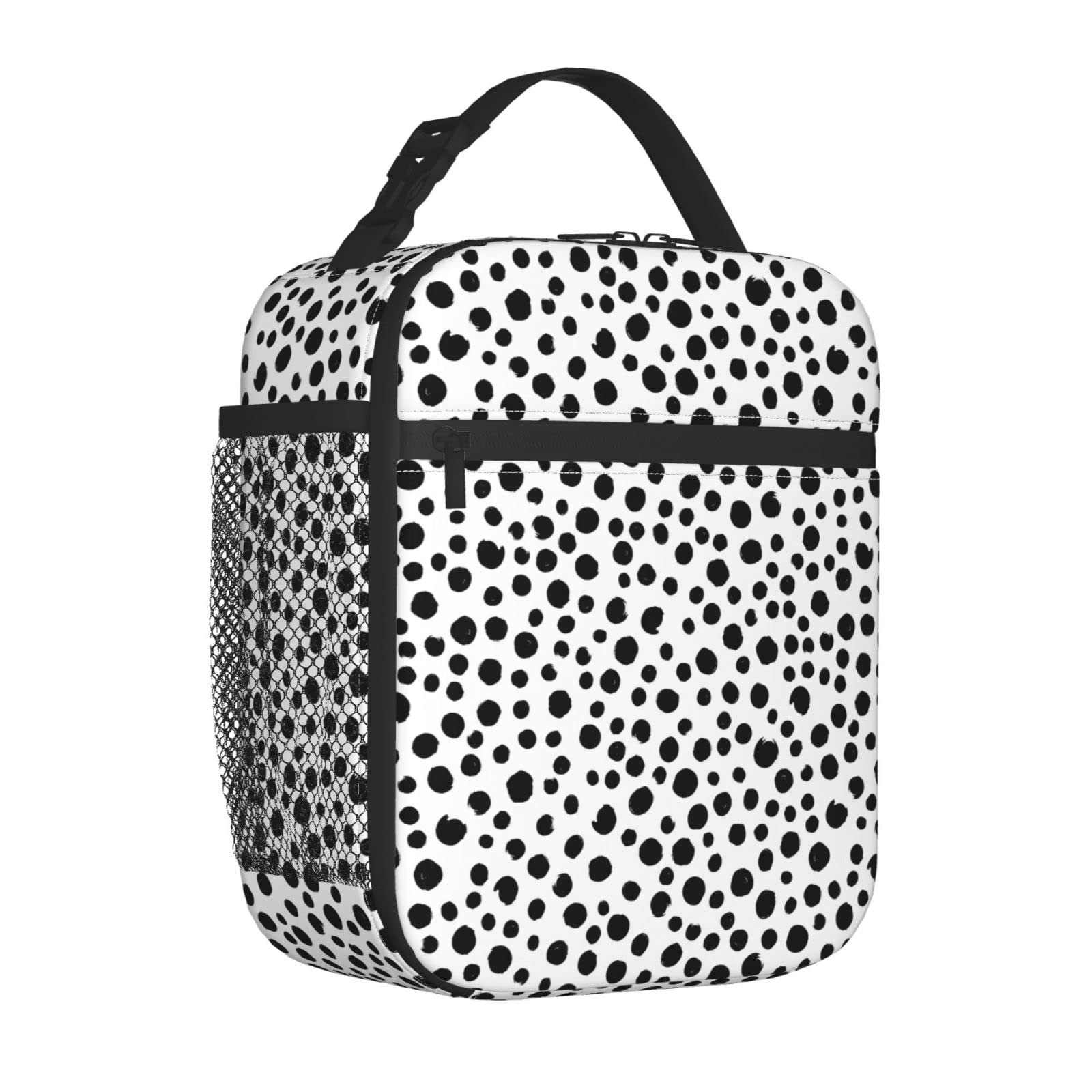 MDMEI Black Polka Dots Lunch Bag for Kids Teen Boys Girls Insulated Durable Reusable Cooler Square Lunch Box Bag for School Work Outdoor