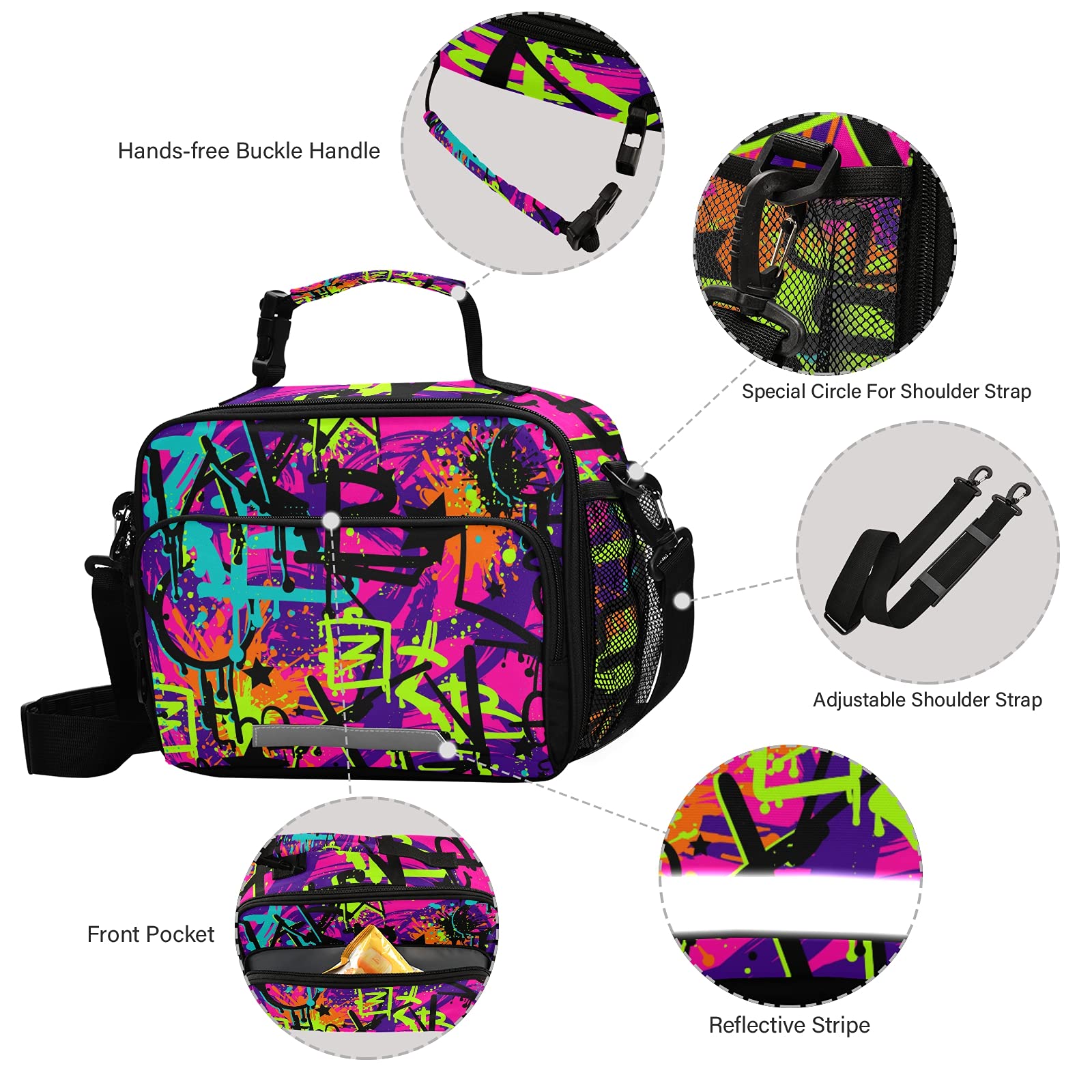 xigua Student Lunch Bag, Graffiti Patterns And Spray Paint Ink Elements Detachable Shoulder Strap Insulated Lunch Box Men Women Cooler Bag Tote Bag for School Office Picnic Trip