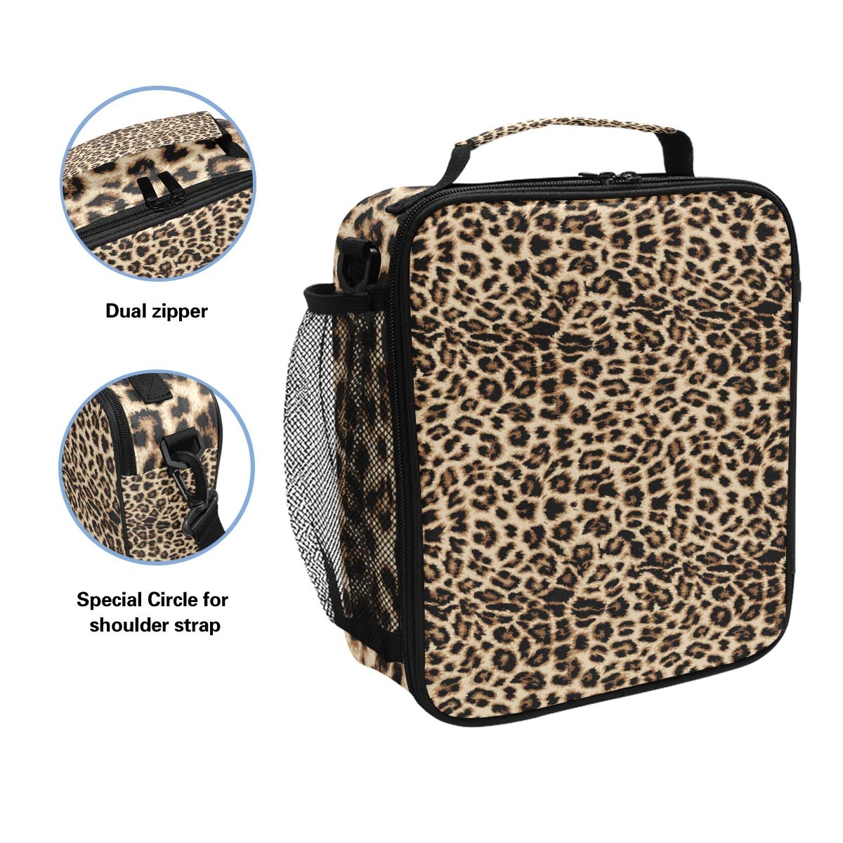 Leopard Print Lunch Box Leopard Snakeskin Zebra Pattern Insulated Lunch Bag Fashion Wild Animals Reusable Cooler Meal Prep Bags Lunch Tote with Shoulder Strap for School Kids Girls Boys Office