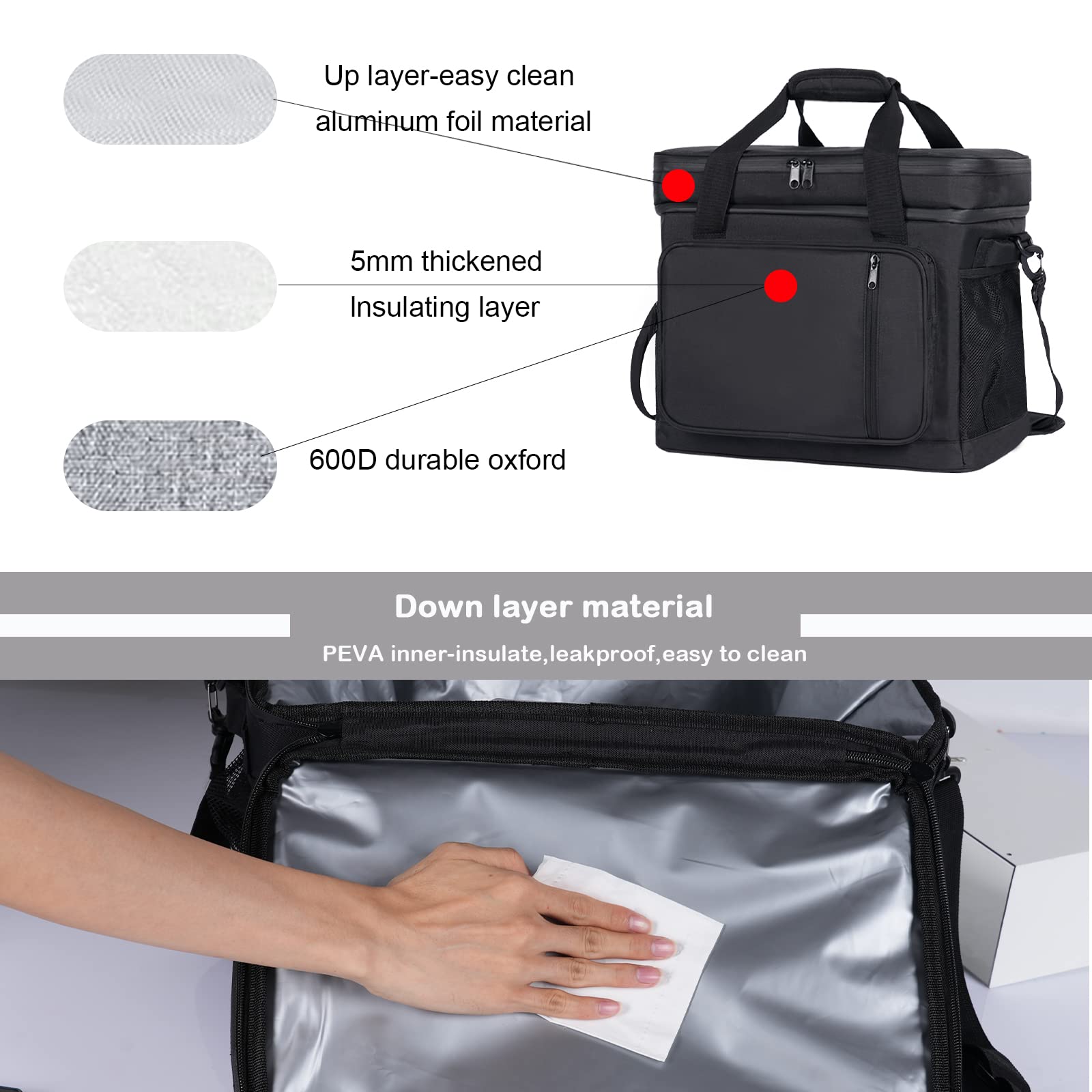 MOV COMPRA Movcompra Black Adult Insulated Lunch Box for Work + 45-Can Dual Compartment Large Lunch Cooler Bag