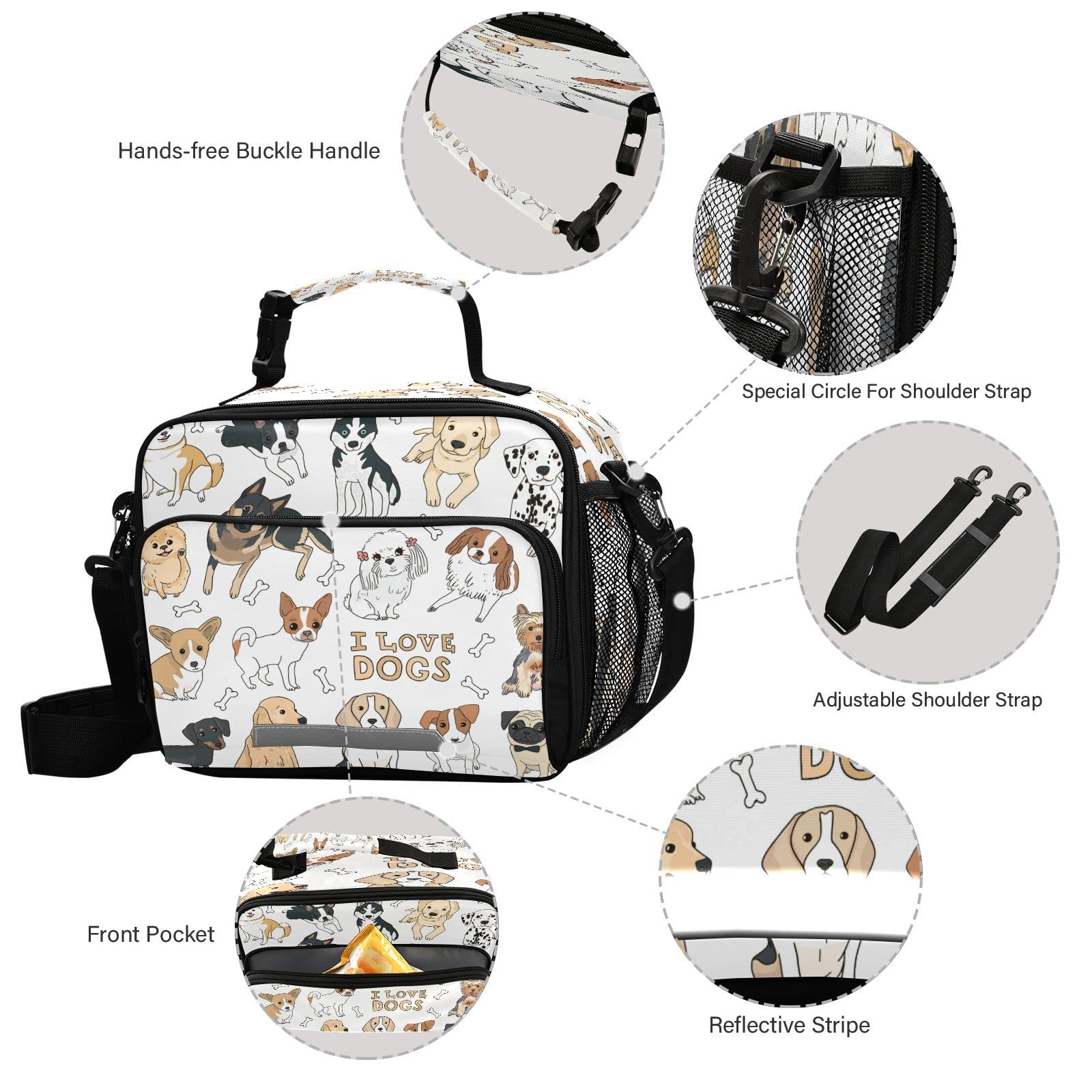ALAZA Cute Dog Animal Doodle Lunch Bag Reusable Insulated Cooler Lunch Tote Bag With Adjustable Shoulder Strap For Office Work Picnic Travel,Size 11 X 4.33 X 9.05 Inch