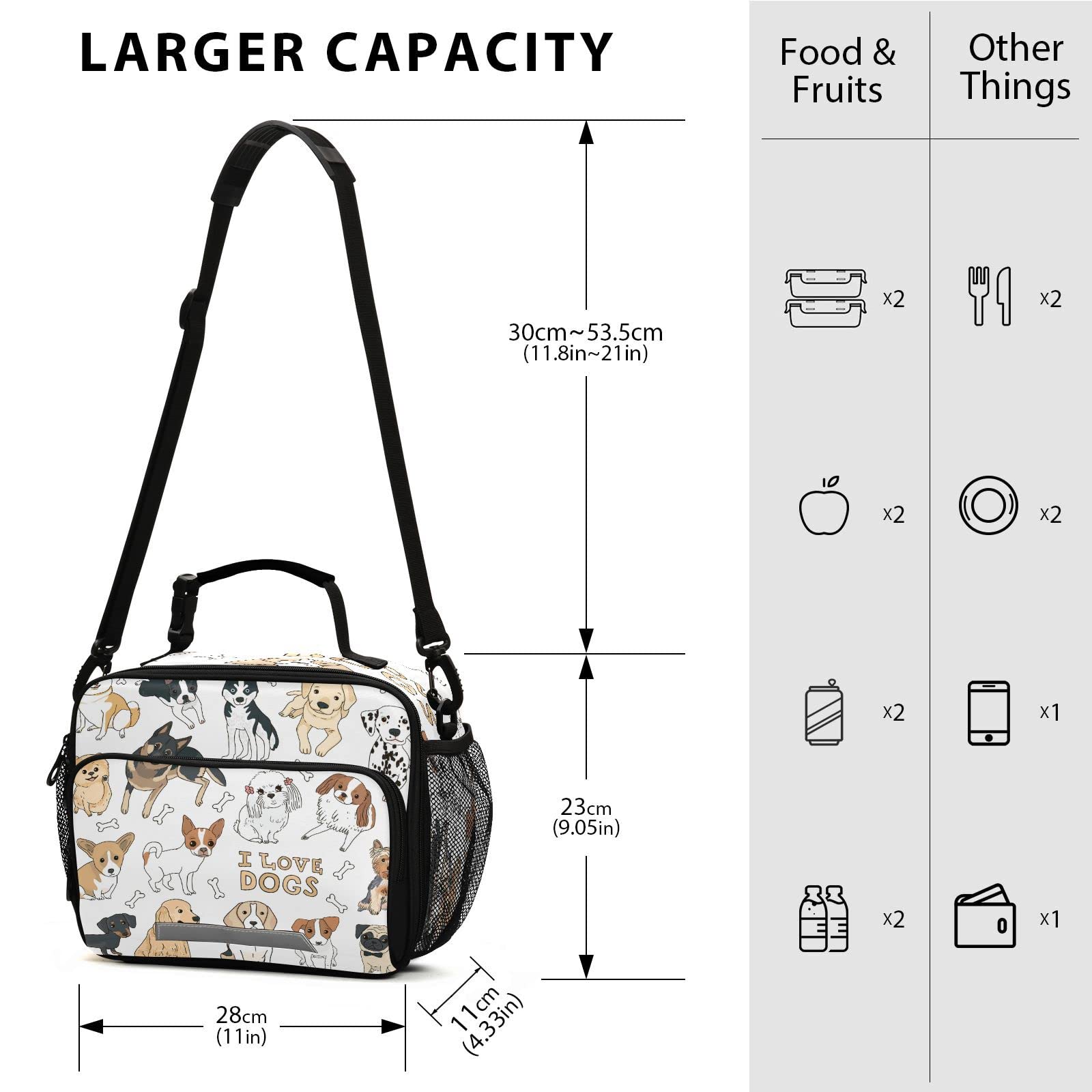 ALAZA Cute Dog Animal Doodle Lunch Bag Reusable Insulated Cooler Lunch Tote Bag With Adjustable Shoulder Strap For Office Work Picnic Travel,Size 11 X 4.33 X 9.05 Inch