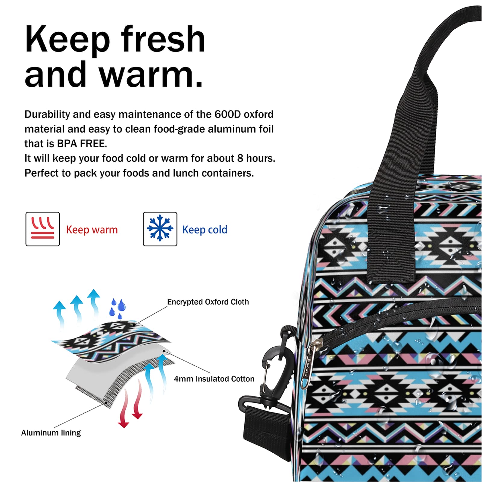 Aztec Geometric Pattern Lunch Bag Adjustable Shoulder Strap Cooler Bag Reusable Zipper Insulated Lunch Tote Bag for Work Picnic Camping School