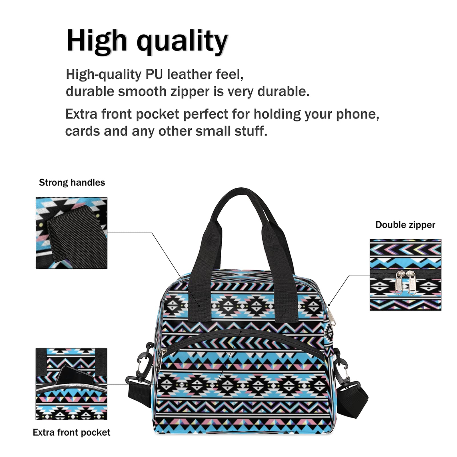 Aztec Geometric Pattern Lunch Bag Adjustable Shoulder Strap Cooler Bag Reusable Zipper Insulated Lunch Tote Bag for Work Picnic Camping School