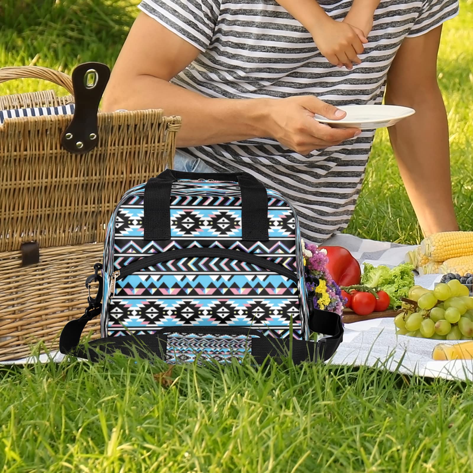 Aztec Geometric Pattern Lunch Bag Adjustable Shoulder Strap Cooler Bag Reusable Zipper Insulated Lunch Tote Bag for Work Picnic Camping School