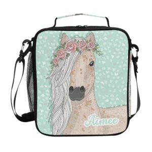 runningbear custom cute horse flowers lunch bag personalized reusable insulated lunch box bag with adjustable strap portable travel zipper organizer for adults, kids, prepschool