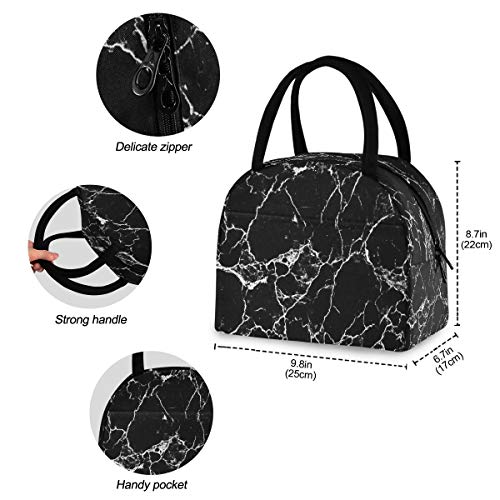 Lunch Bag White Line Black Marble Print Lunch Box Ice Cooler Insulated Portable Zipper Tote Handbag for Men Women Boys Girls