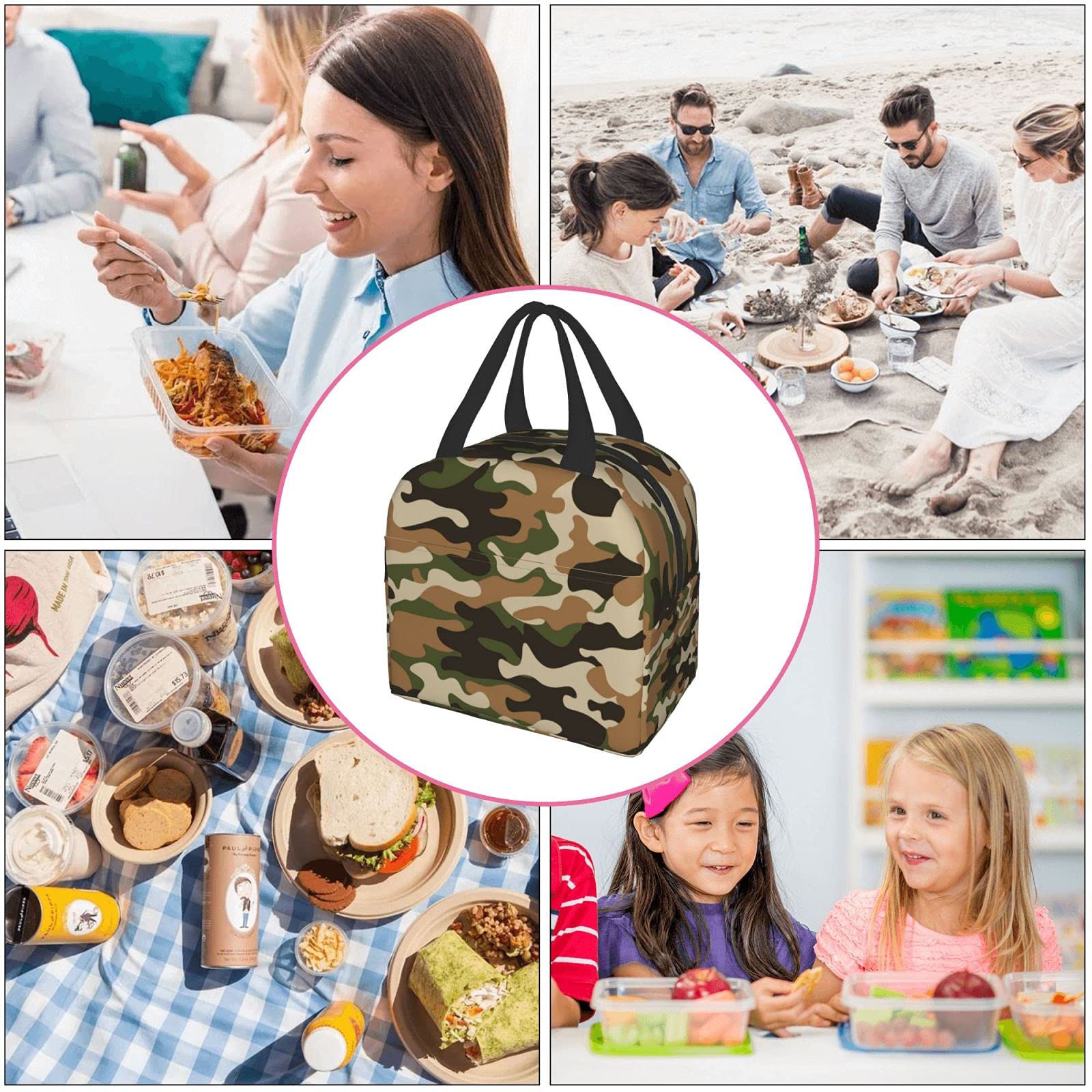 WJLKSJD Green Camo Durable Insulated Lunch Box for Teens, Resuable Camouflage Lunch Bag Women Men Applicable Work Picnic Travel