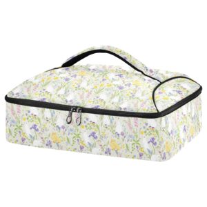 kigai cute bunny and floral double insulated casserole carrier for hot or cold food, expandable hot food carrier bag, insulated food bag for parties, beach, picnic, camping