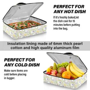 Kigai Cute Bunny and Floral Double Insulated Casserole Carrier For Hot or Cold Food, Expandable Hot Food Carrier Bag, Insulated Food Bag for Parties, Beach, Picnic, Camping