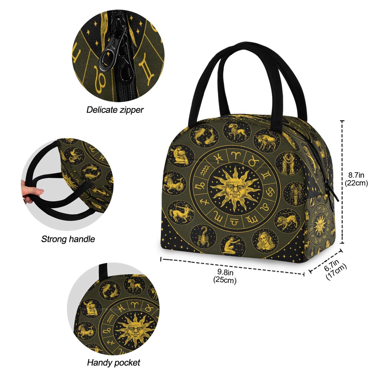 TropicalLife Sun Moon Constellation Lunch Bag Insulated Lunch Box Cooler Tote Bag, Celestial Zodiac Reusable Zipper Meal Prep Handbag for Kids Teen Girls Women Men Work Office Outdoor Picnic