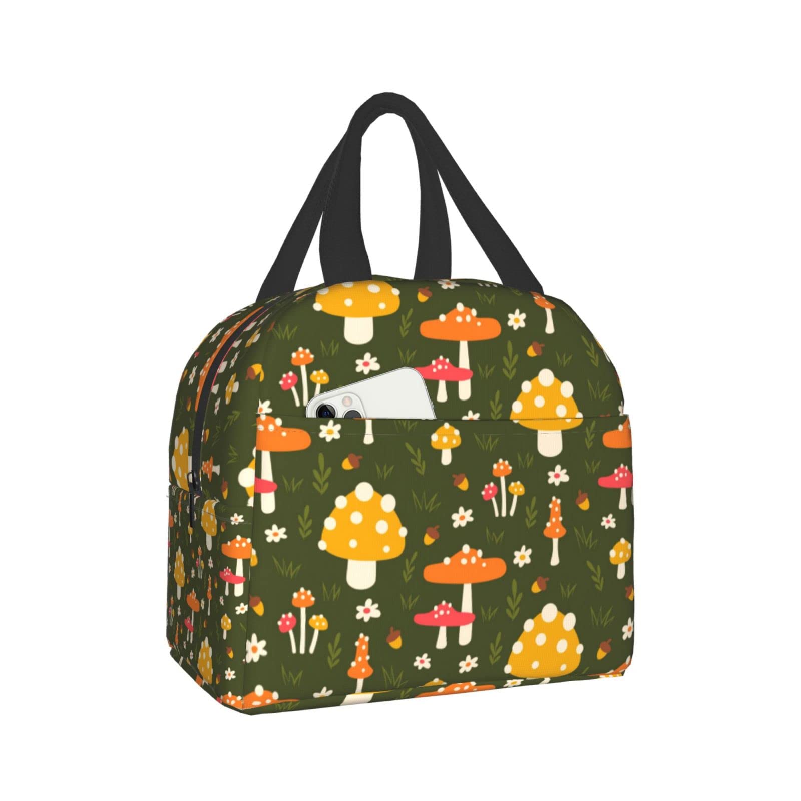 Pubnico Cute mushroom and leaves Lunch Box, Bento Box Insulated Lunch Boxes Reusable Waterproof Lunch Bag With Front Pocket For Office Picnic Hiking Beach