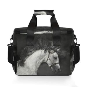ALAZA White Horse on Black Large Cooler Insulated Picnic Bag Lunch Box for Adult Men Women