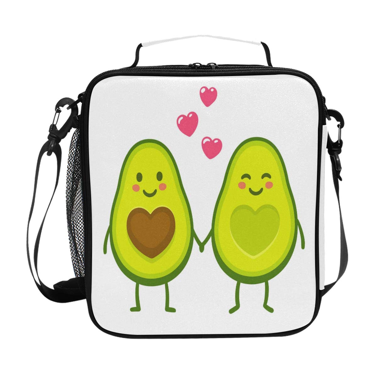 ZZXXB Avocado Love Heart Insulated Lunch Bag Box Reusable Thermal Cooler Bag Tote Outdoor Travel Picnic Bag With Shoulder Strap for Children Students Adults