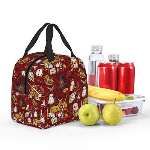Hellokugou Lunch Bag For Kids Witch Hat Broom Owl Reusable Lunch Box Portable Handbag Box Travel Beach Picnic