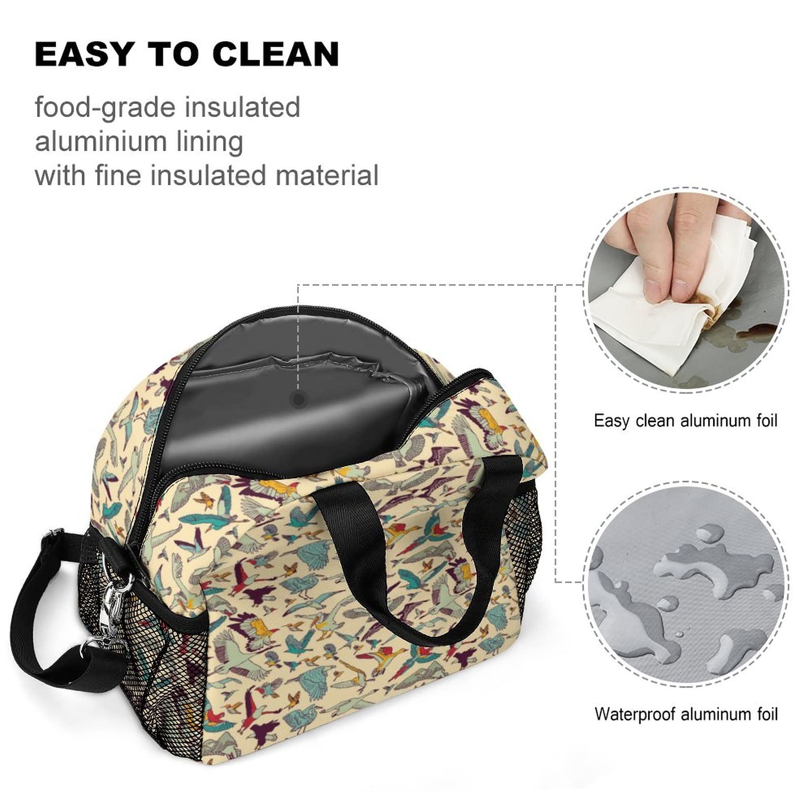 Birds Lunch Bag, Lunch Box Portable Insulated Lunch Tote Bag, Thermal Cooler Bag for Women Work Outdoor