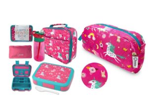 bundle of kinsho bento lunch box with insulated bag, water bottle&ice pack set (pink unicorn) + pencil case for girls, cute pouch box bag for little kids (pink unicorn)