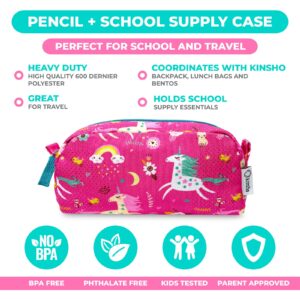 Bundle of kinsho Bento Lunch Box with Insulated Bag, Water Bottle&Ice Pack Set (Pink Unicorn) + Pencil Case for Girls, Cute Pouch Box Bag for Little Kids (Pink Unicorn)