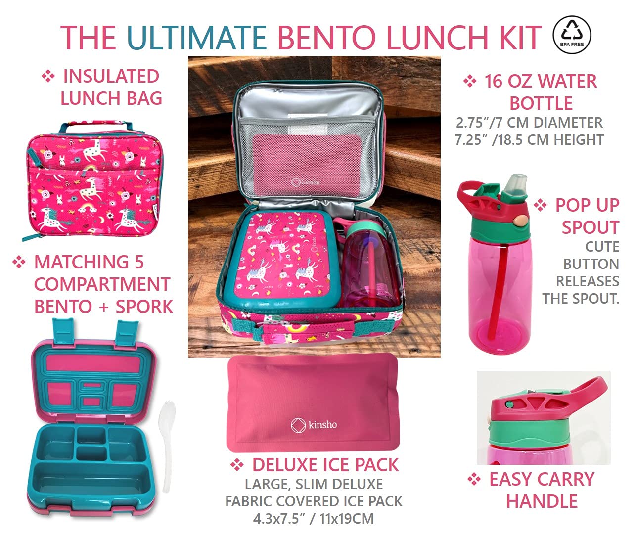 Bundle of kinsho Bento Lunch Box with Insulated Bag, Water Bottle&Ice Pack Set (Pink Unicorn) + Pencil Case for Girls, Cute Pouch Box Bag for Little Kids (Pink Unicorn)