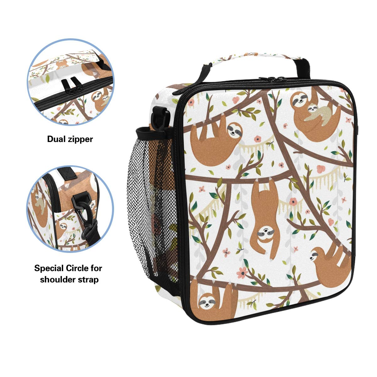 Lunch Box Bag Cute Animal Sloth Flower Leaves Lunchbox Insulated Thermal Cooler Ice Adjustable Shoulder Strap for Women Men Boys Girls