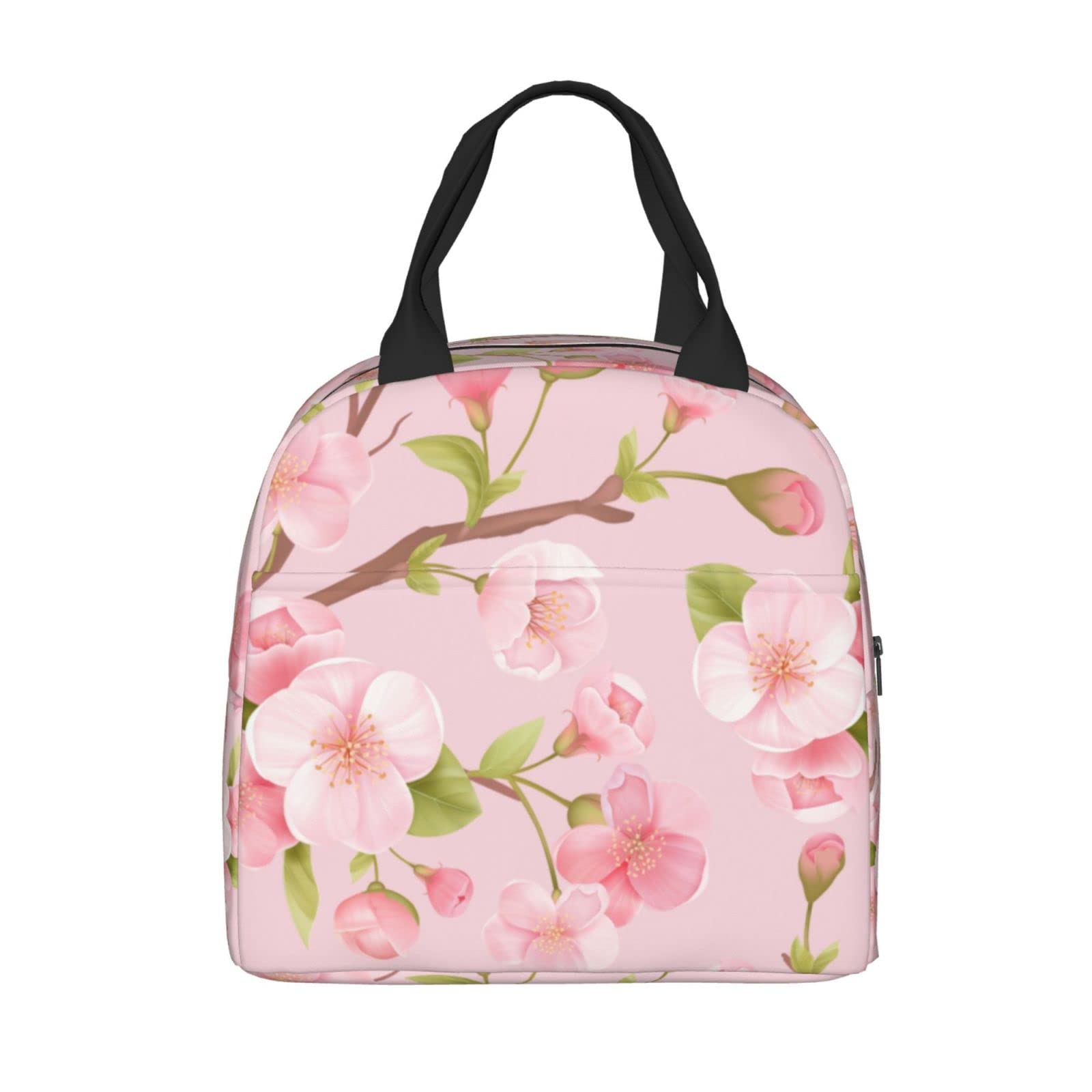 AuHomea Pink Sakura Blossom Lunch Bag For Women Men Insulated Lunch Box For Adult Reusable Lunch Bags With Pocket Zippers For Work, Picnic, School Or Travel