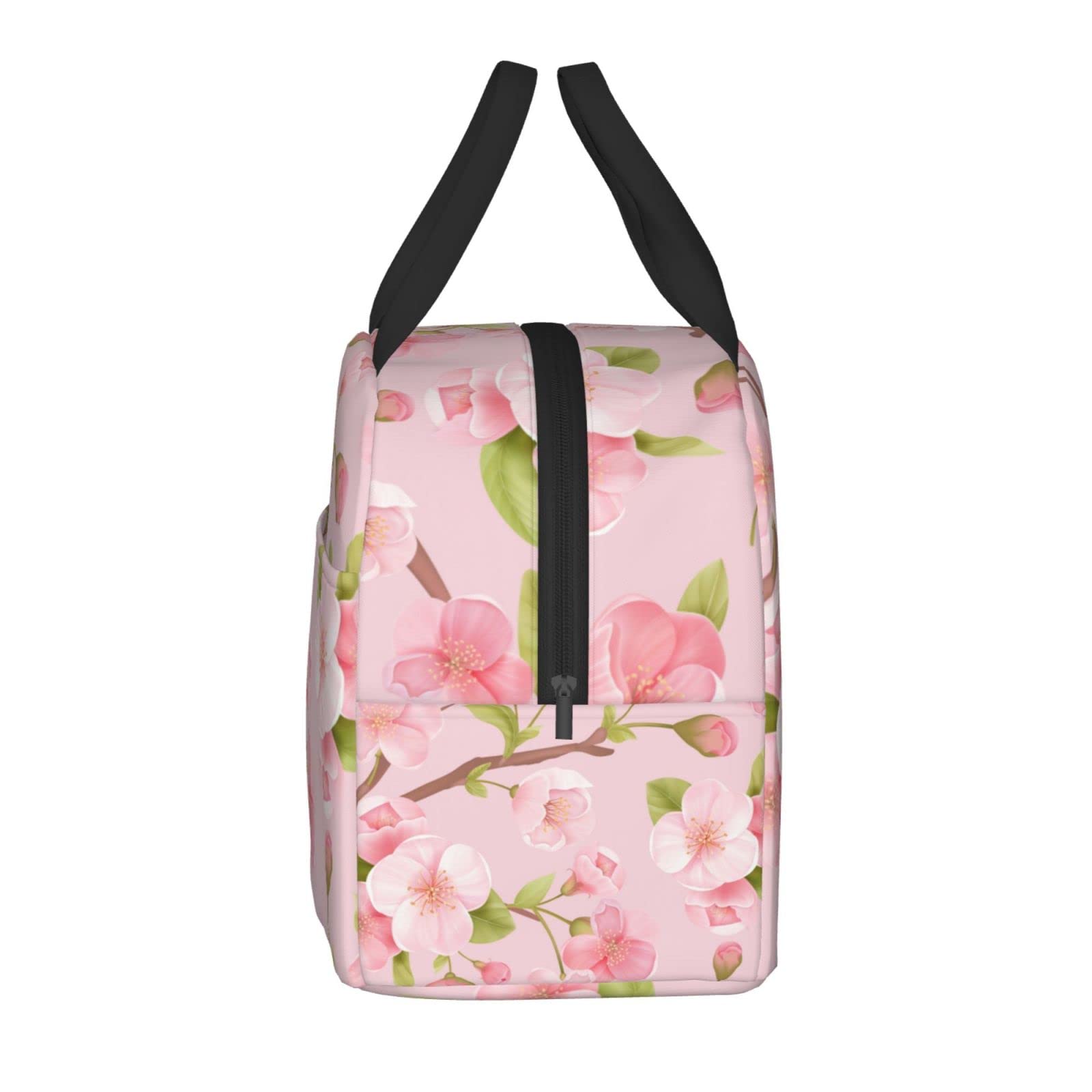 AuHomea Pink Sakura Blossom Lunch Bag For Women Men Insulated Lunch Box For Adult Reusable Lunch Bags With Pocket Zippers For Work, Picnic, School Or Travel