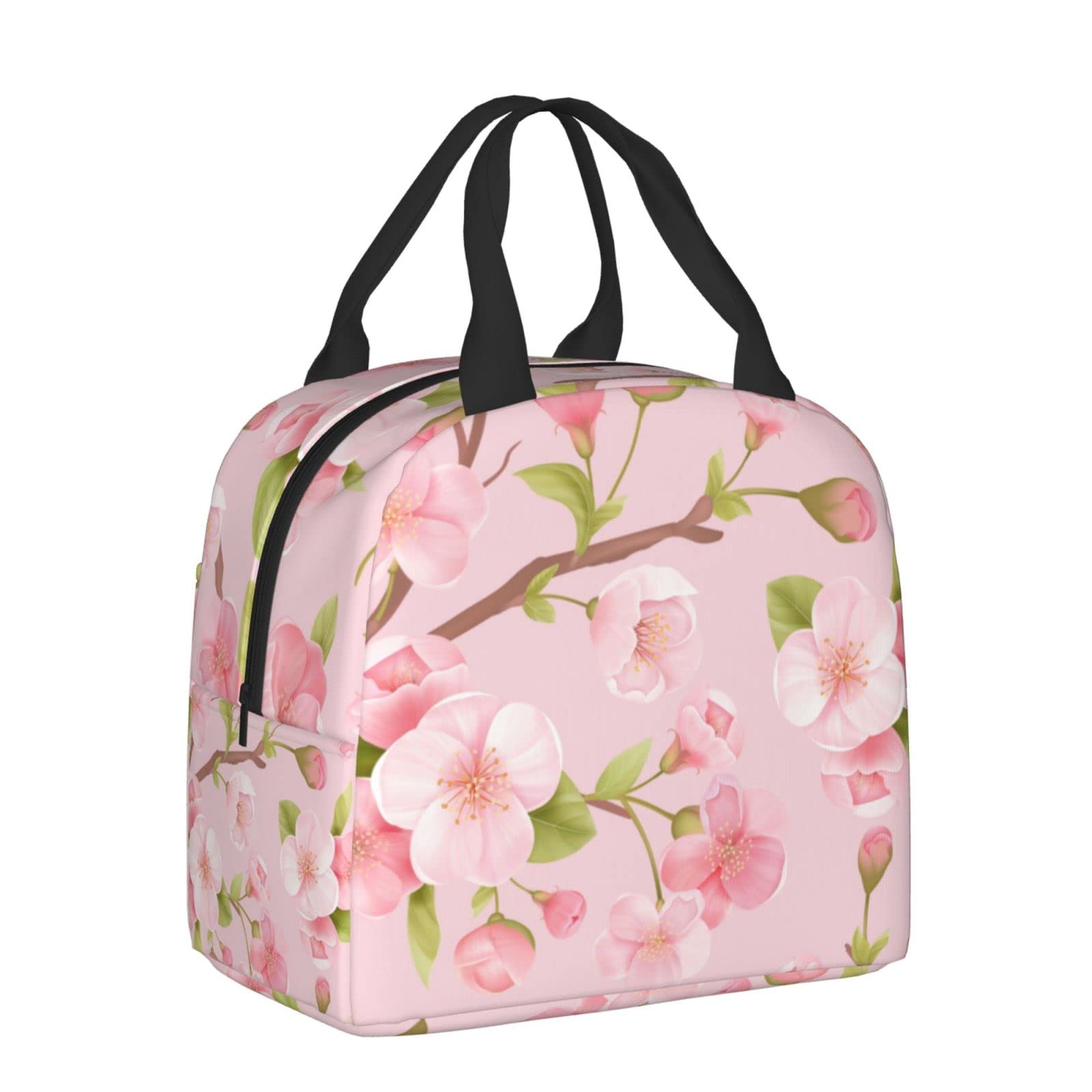AuHomea Pink Sakura Blossom Lunch Bag For Women Men Insulated Lunch Box For Adult Reusable Lunch Bags With Pocket Zippers For Work, Picnic, School Or Travel