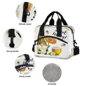 Oarencol Gnomes Bees Sunflowers Insulated Lunch Bag Sweet Honey Reusable Cooler Lunch Tote Box with Shoulder Strap for Work Picnic School Beach