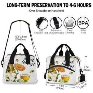Oarencol Gnomes Bees Sunflowers Insulated Lunch Bag Sweet Honey Reusable Cooler Lunch Tote Box with Shoulder Strap for Work Picnic School Beach