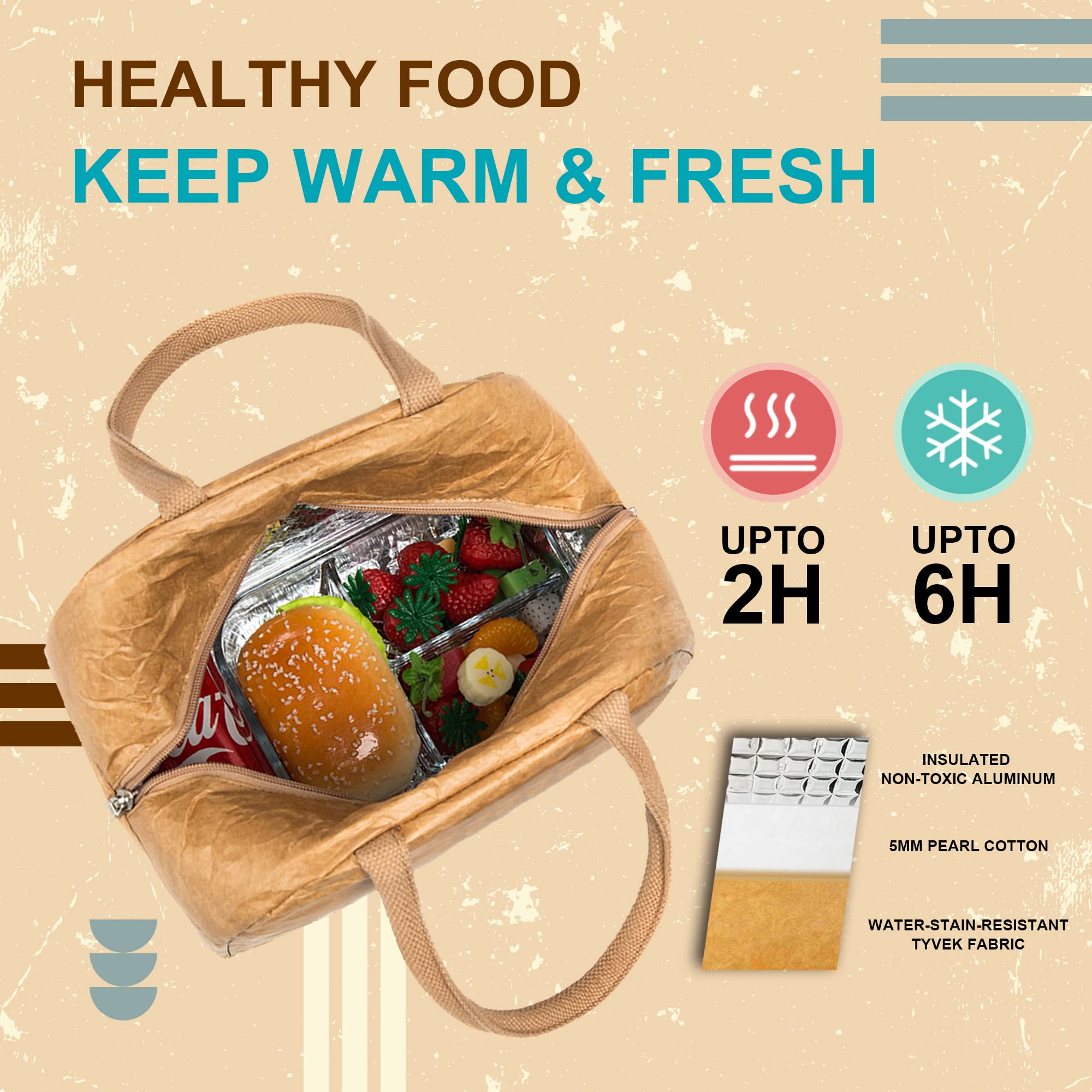 Khulula Tyvek Lunch Bag for Women Insulated Lunch Box Durable Leakproof Paper Reusable Lunch Tote Bags for Work, Picnic, Travel, Snack, Hiking Brown