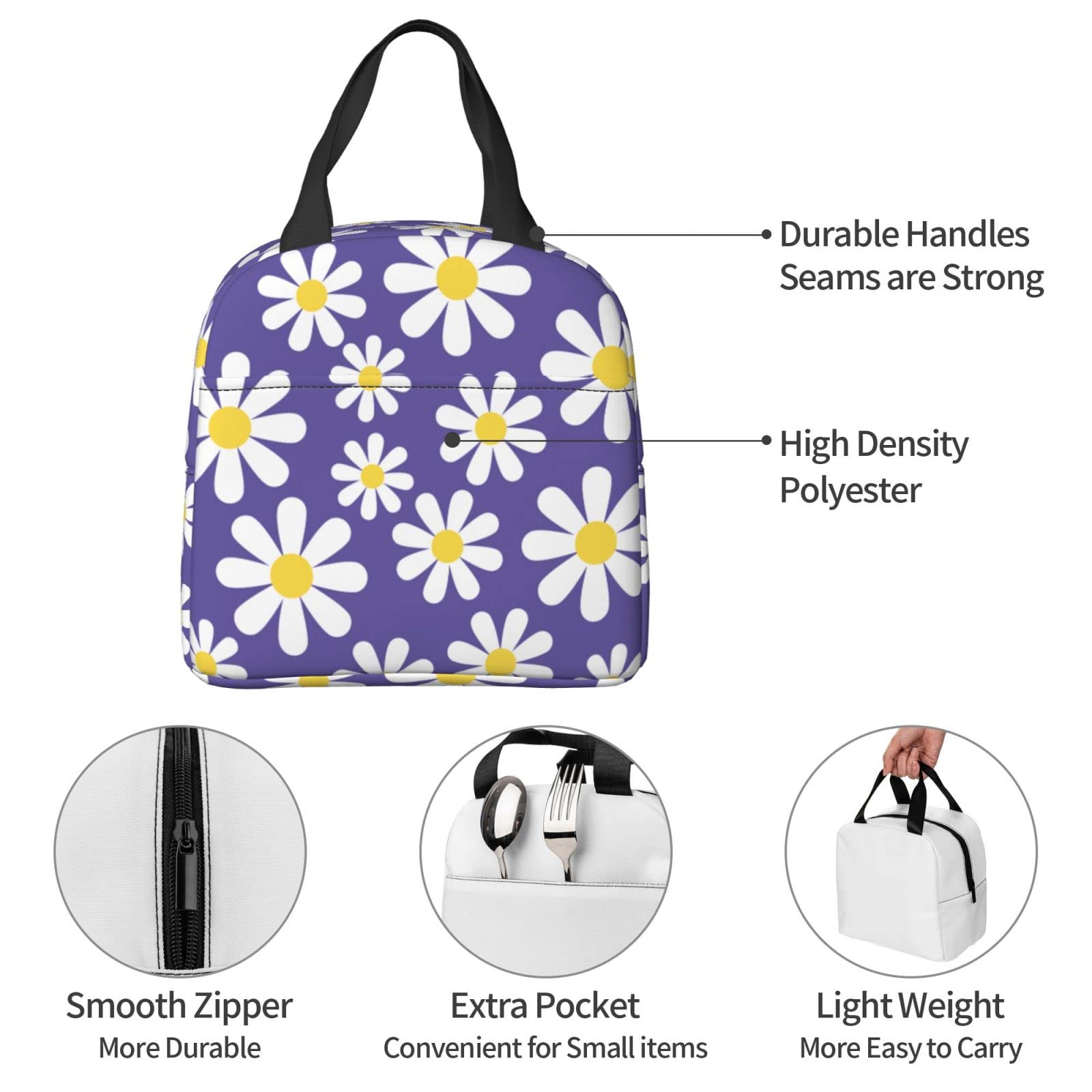 Echoserein Daisy Flower Purple Lunch Bag Insulated Lunch Box Reusable Lunchbox Waterproof Portable Lunch Tote For Women Girls