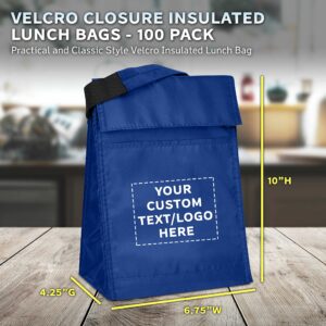 DISCOUNT PROMOS 100 Hook and Loop Insulated Lunch Bags Set - Customizable Text, Logo - Polyester, Durable, Vibrant, Reusable - Blue