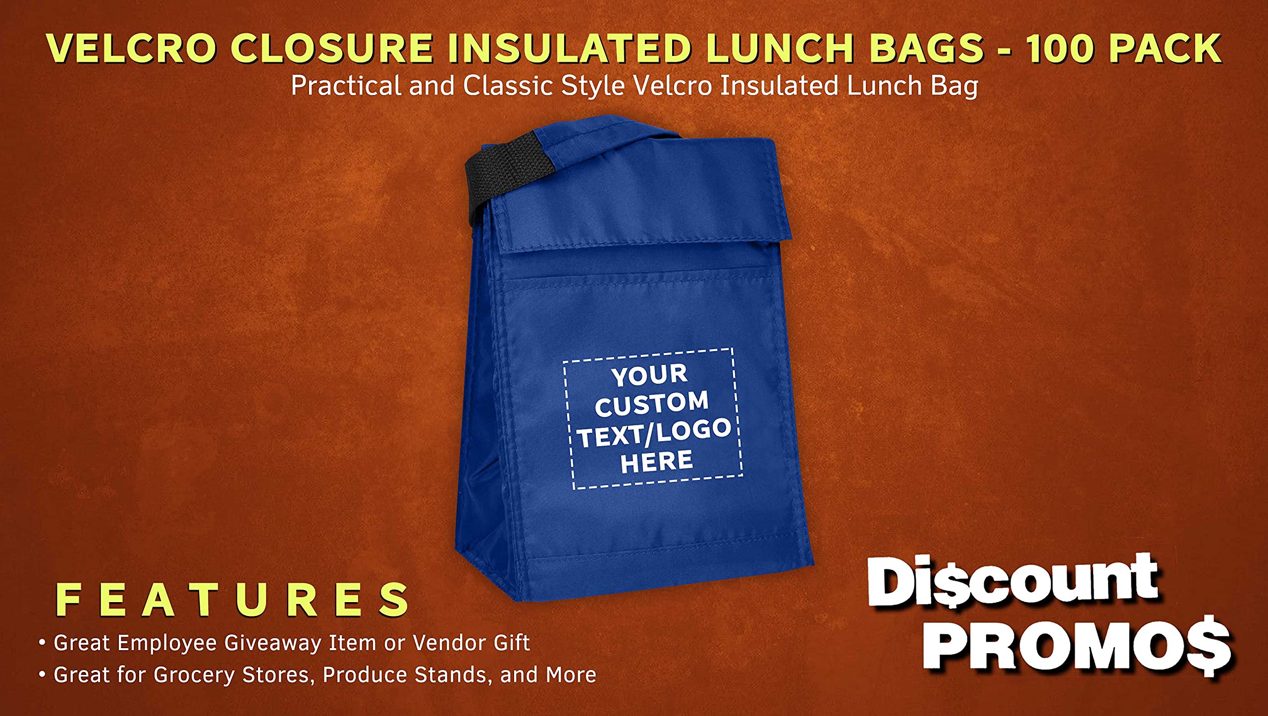 DISCOUNT PROMOS 100 Hook and Loop Insulated Lunch Bags Set - Customizable Text, Logo - Polyester, Durable, Vibrant, Reusable - Blue