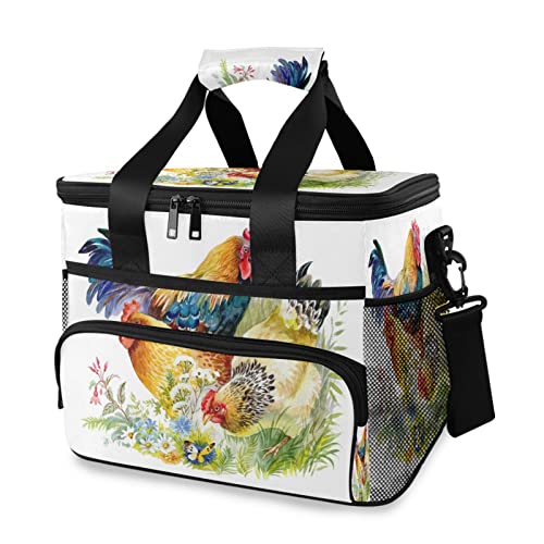 Chickens Rooster Animal Picnic Lunch Bag for Women Men, Waterproof Cooler Lunch Tote Bag Large Spring Daisy Flower Insulated Lunch Box Organizer with Shoulder Strap for Office Work Travel Camping