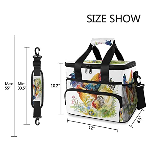 Chickens Rooster Animal Picnic Lunch Bag for Women Men, Waterproof Cooler Lunch Tote Bag Large Spring Daisy Flower Insulated Lunch Box Organizer with Shoulder Strap for Office Work Travel Camping