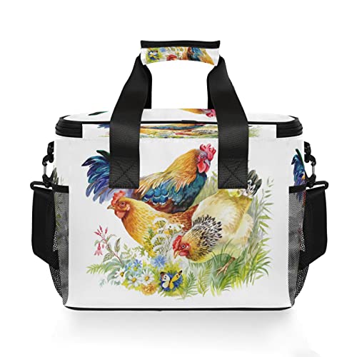 Chickens Rooster Animal Picnic Lunch Bag for Women Men, Waterproof Cooler Lunch Tote Bag Large Spring Daisy Flower Insulated Lunch Box Organizer with Shoulder Strap for Office Work Travel Camping