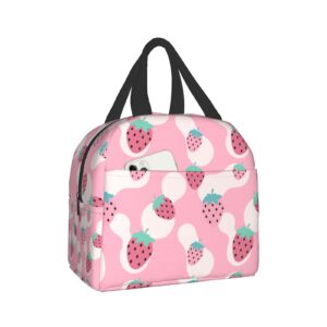 insulated lunch bag reusable lunch box, cooler lunch tote bag with front pocket for women men picnic office work, simple strawberry print