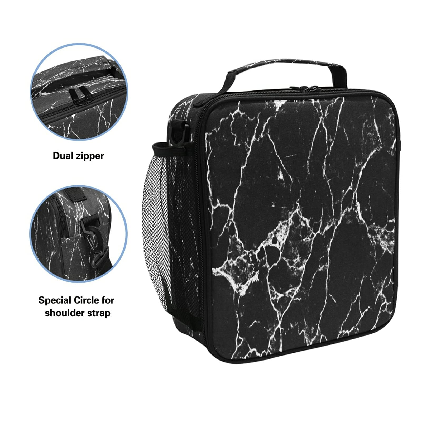 HMZXZ Marble Texture White Black Print Lunch Bag Box for Women Teens Girls Cooler Insulated Lunch Bag Tote Freezable Shoulder Strap Waterproof Picnic Meal for School Office Work