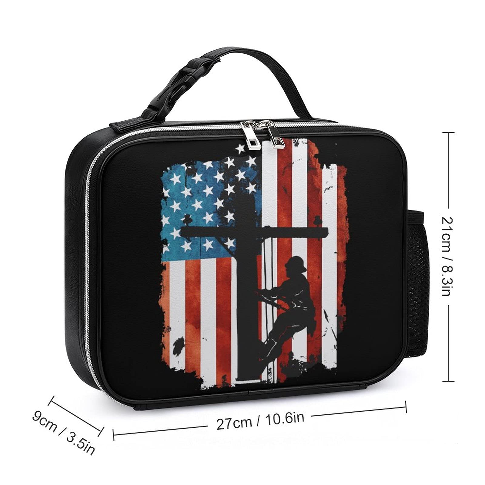 Lineman American Flag Electric Cable Lineman Insulated Lunch Tote Bag Durable Lunch Box Container with Detachable Buckled Handle for Office Work Picnic Travel