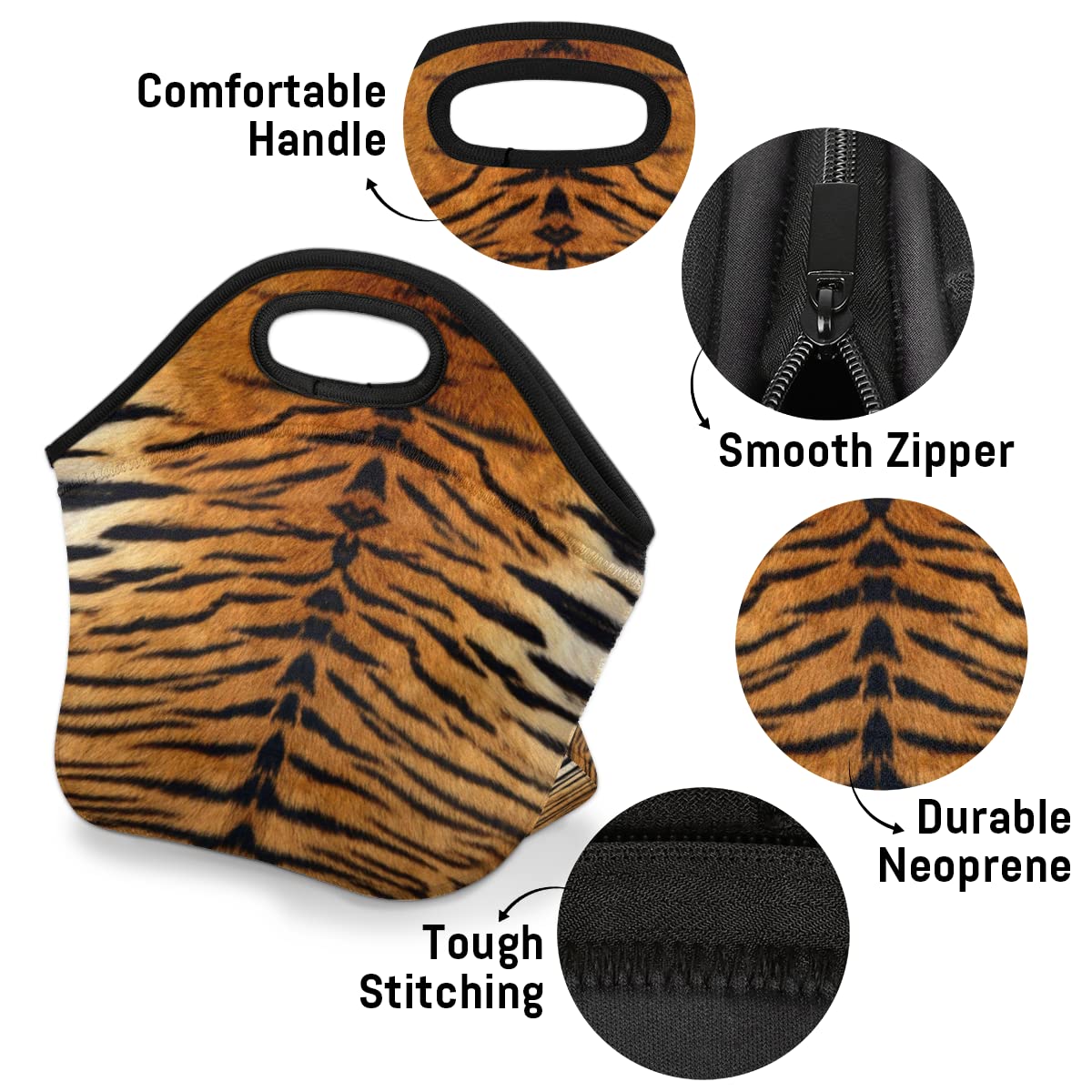 Insulated Neoprene Lunch Bag for Women Men Kids Animal Tiger Leopard Print Lunch Box Reusable Small Lunch Tote Bag Cooler Bag for School Work Picnic