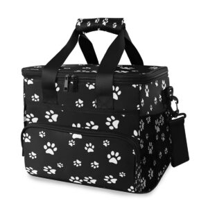 AUUXVA Cooler Bag Large Camping Cooler Tote White Puppy Paw Print Black Lunch Cooler Bag Insulated Waterproof Lunch Box for Picnic Beach Travel, Reusable Leakproof